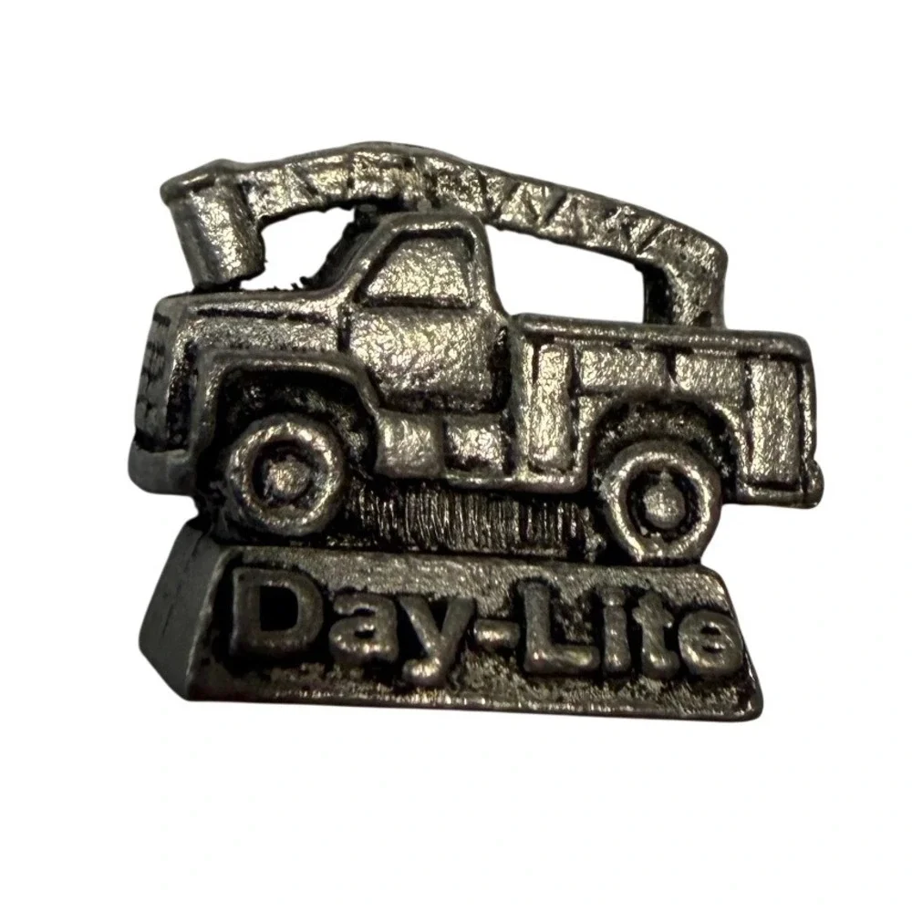 Vintage Day-Lite Utility Bucket Truck Lapel Pin Silver Tone Industrial Tie Tac